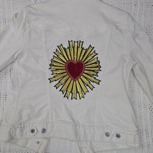 GAP White Denim Jacket with Gold Sunburst and Red Sacred Heart Patch